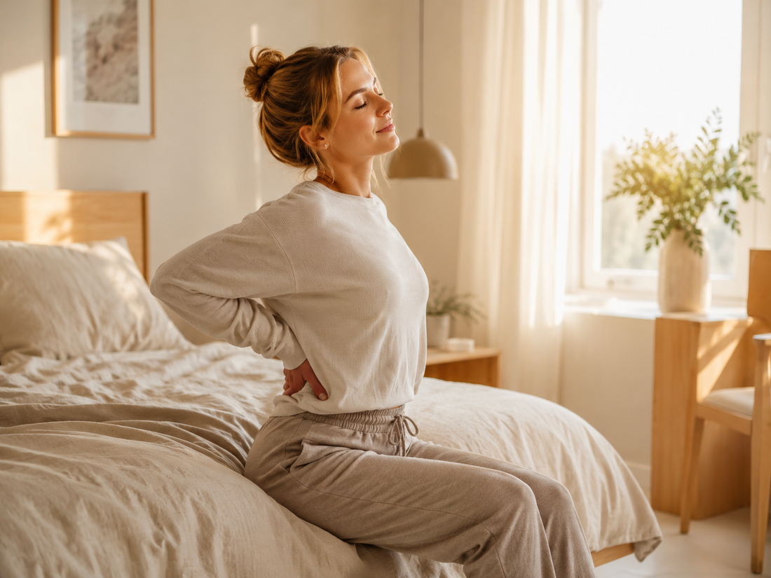 Kvinde strækker sin lænd om morgenen i seng